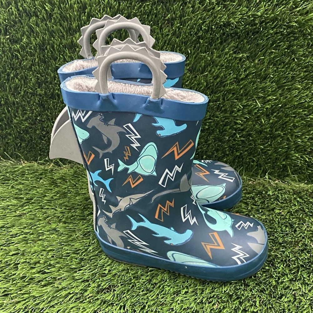 Members Mark Easy Pull-On Shark Rain Boots Wellies Kids 7/8 Blue‎ Faux fur Lined